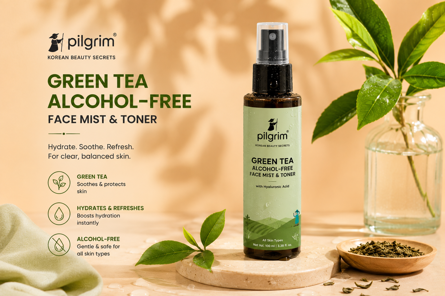 Pilgrim Green Tea Alcohol-Free Face Mist & Toner