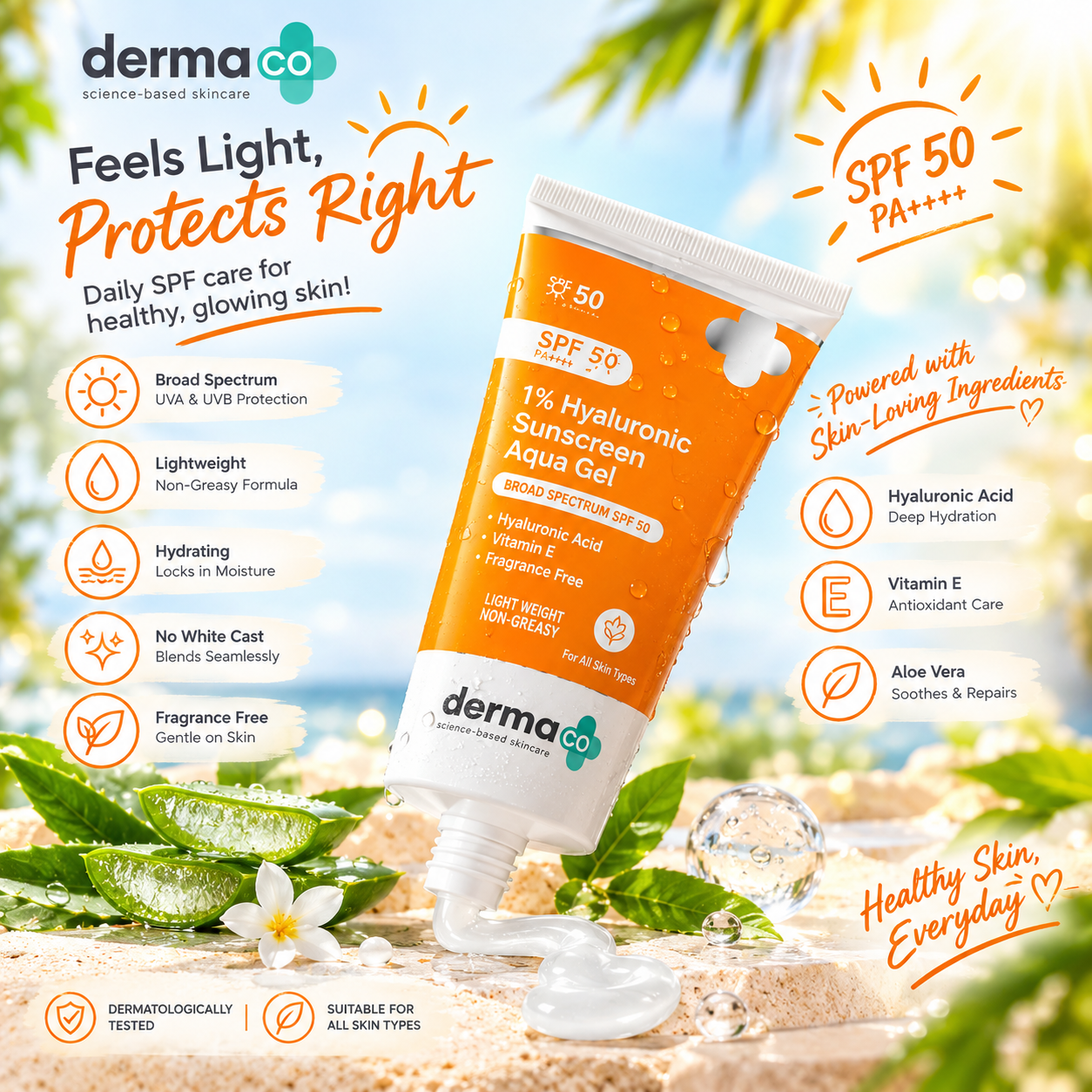 The Derma Co 1% Hyaluronic Sunscreen Aqua Gel SPF 50 PA++++